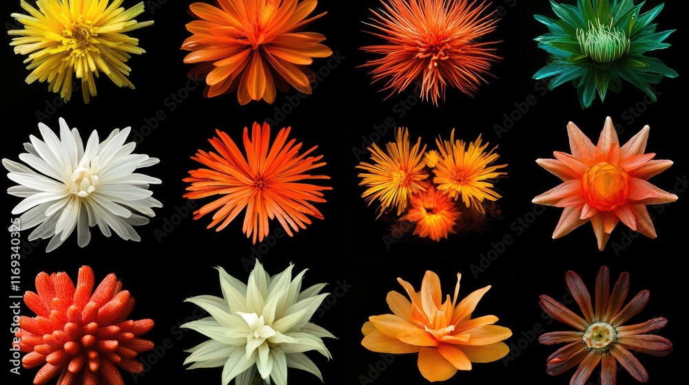 Vibrant flower collection on black background. Ideal for textile patterns, phone cases, or vibrant wall art. Mix of colors and textures. Vibrant flower collection on black background. Ideal for textile patterns, phone cases, or vibrant wall art. Mix of colors and textures.