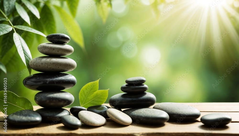 Spa still life with balanced stones, serene atmosphere, green foliage background, and sunlight Spa still life with balanced stones, serene atmosphere, green foliage background, and sunlight
