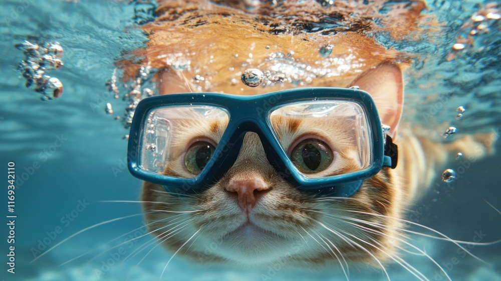 Naklejka premium An Orange Tabby Cat Wearing Swimming Goggles Underwater