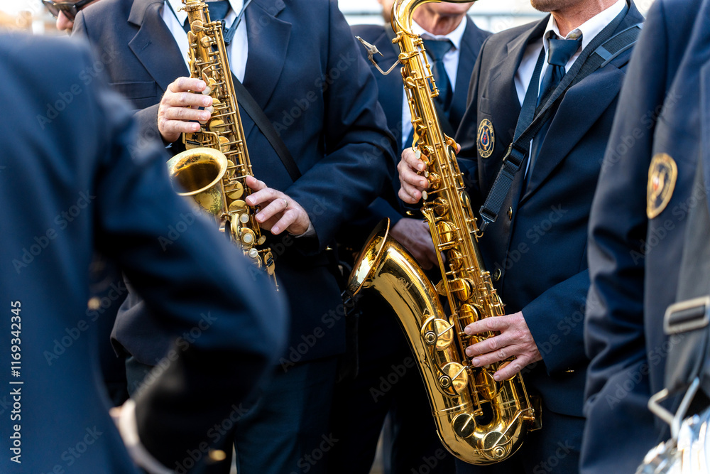 Fototapeta premium Band musicians with their instruments on the street. Typical music bands in Spain.