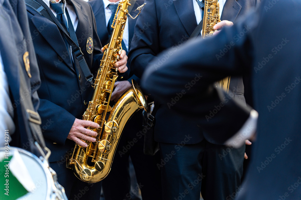 Obraz premium Band musicians with their instruments on the street. Typical music bands in Spain.