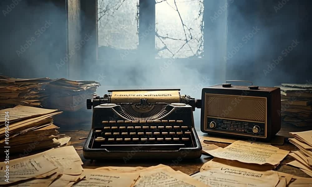 vintage typewriter with old book - AI