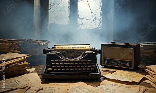 vintage typewriter with old book - AI