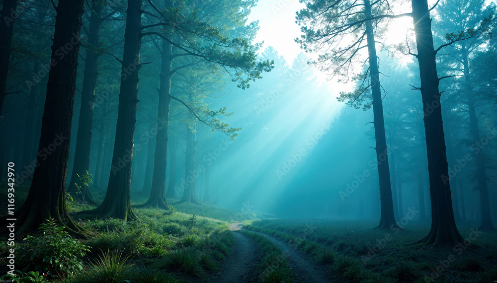 Fototapeta premium A dirt path winding through a dense, misty pine forest with sunlight streaming through the trees