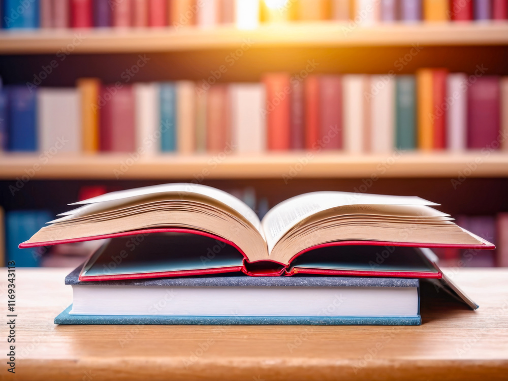 Open Book on Stack of Books in Library. Open Book on Stack of Books in Library.