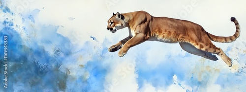 Un puma bondissant dans les airs, flou de mouvement pour montrer son agilité et sa vitesse, sur un fond d'aquarelle avec des tons bleus et blancs, image avec espace pour texte. photo