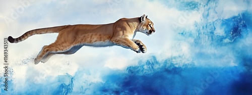 Un puma bondissant dans les airs, flou de mouvement pour montrer son agilité et sa vitesse, sur un fond d'aquarelle avec des tons bleus et blancs, image avec espace pour texte. photo