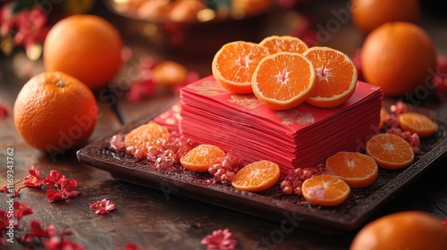 A festive arrangement of vibrant oranges and red envelopes on an ornate tray, surrounded by blossoms and pomegranate seeds, symbolizes prosperity and joy for the Chinese New Year celebration.