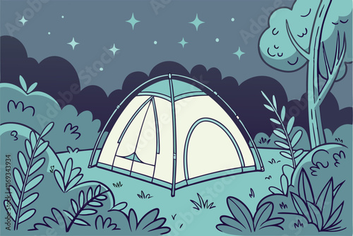 a fantasy camping scene featuring a crystal-like 