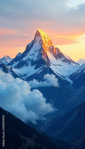 A majestic snow-capped mountain peak surrounded by clouds at sunset, with a vibrant orange and pink sky in the background