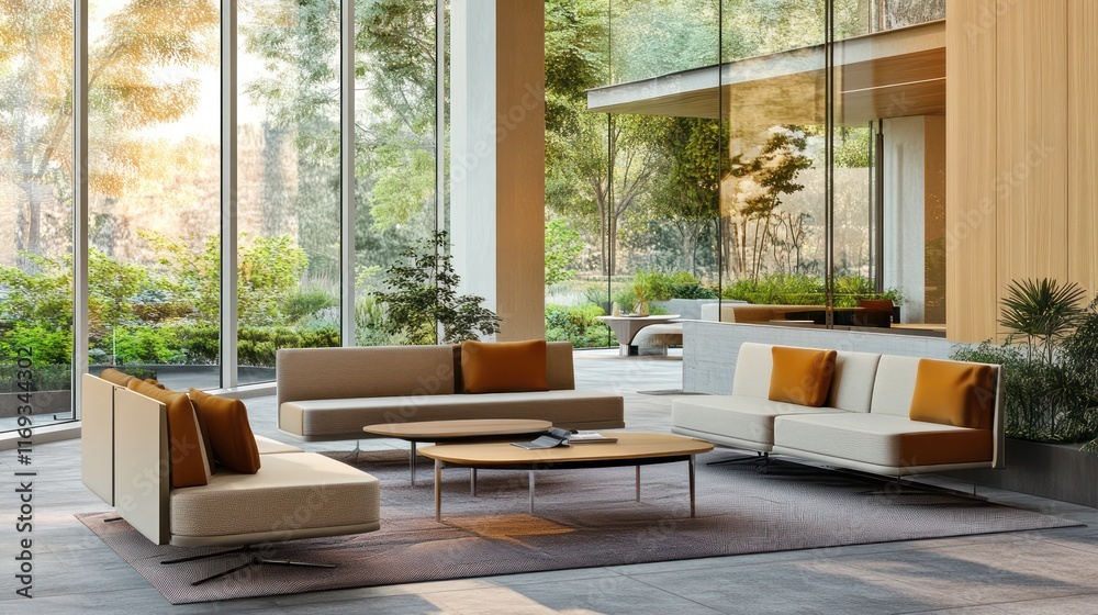 A modern lounge space with soft seating, a coffee table, and a tranquil environment for work breaks. A modern lounge space with soft seating, a coffee table, and a tranquil environment for work breaks.