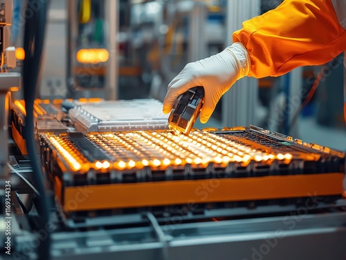 A technician wearing safety gloves inspecting a used EV battery cell under bright laboratory lighting