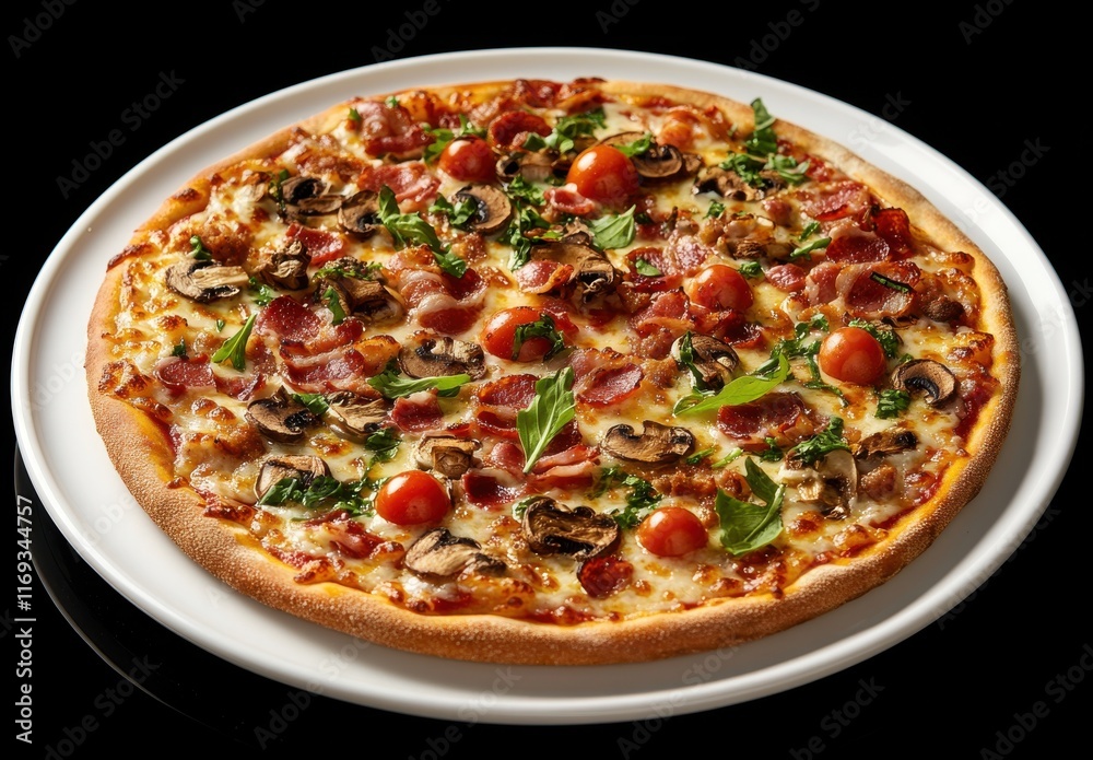 Deliciously Crafted Pizza with Crispy Crust Topped with Fresh Tomatoes, Savory Bacon, Mushrooms, Basil and Mozzarella Cheese on a White Plate Against Black Background Deliciously Crafted Pizza with Crispy Crust Topped with Fresh Tomatoes, Savory Bacon, Mushrooms, Basil and Mozzarella Cheese on a White Plate Against Black Background