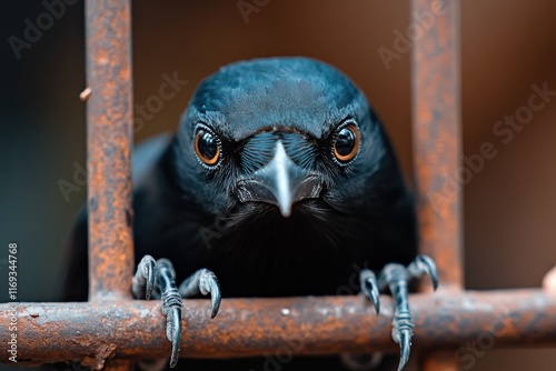 A striking close-up of a crow behind rusty bars evokes feelings of captivity and curiosity, emphasizing the stark contrast between the bird and its environment.