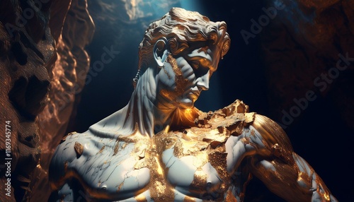 a greek man sculpture made of white marble and gold in the mountains