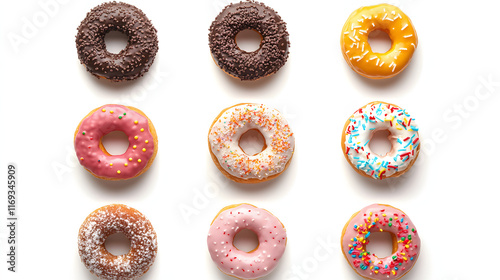 Nine Assorted Donuts Arranged in a Grid Pattern photo