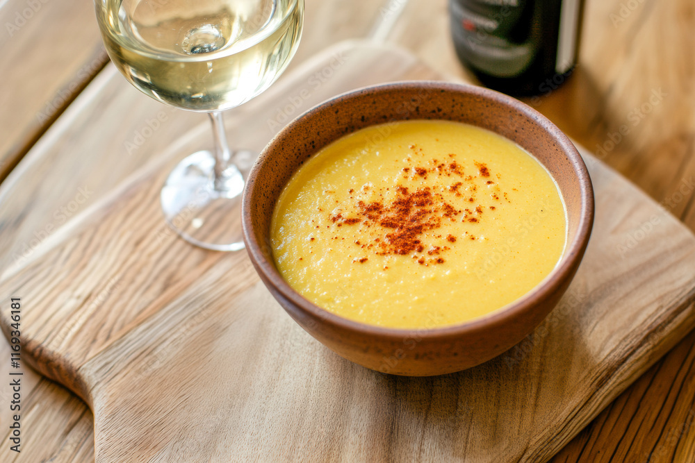 Warm and creamy soup served in a brown bowl alongside a glass of white wine on a wooden table Warm and creamy soup served in a brown bowl alongside a glass of white wine on a wooden table