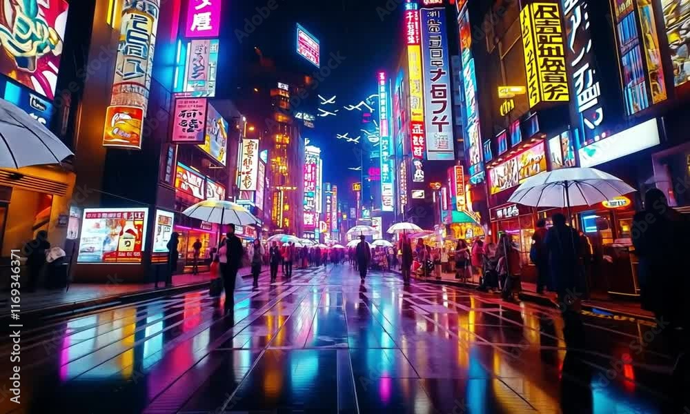 Cyberpunk Street busy walking crowd peoples at Dusk with Neon Lights and Futuristic Atmosphere