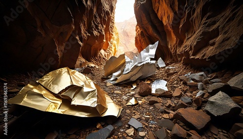titanium and gold rocks in the mountains, cave 