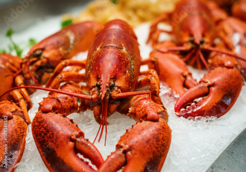 Freshly caught lobsters displayed on ice at a seafood market photo