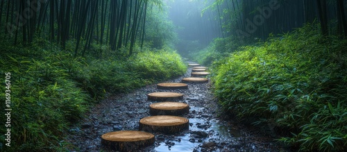 Tranquil bamboo forest path with stepping stones leading to light. photo