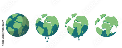 Earth set with differents water levels. Global Warming Impact Earth Melting Illustration Vector. Series of Earth globes showing progressive climate change effects through melting and deterioration