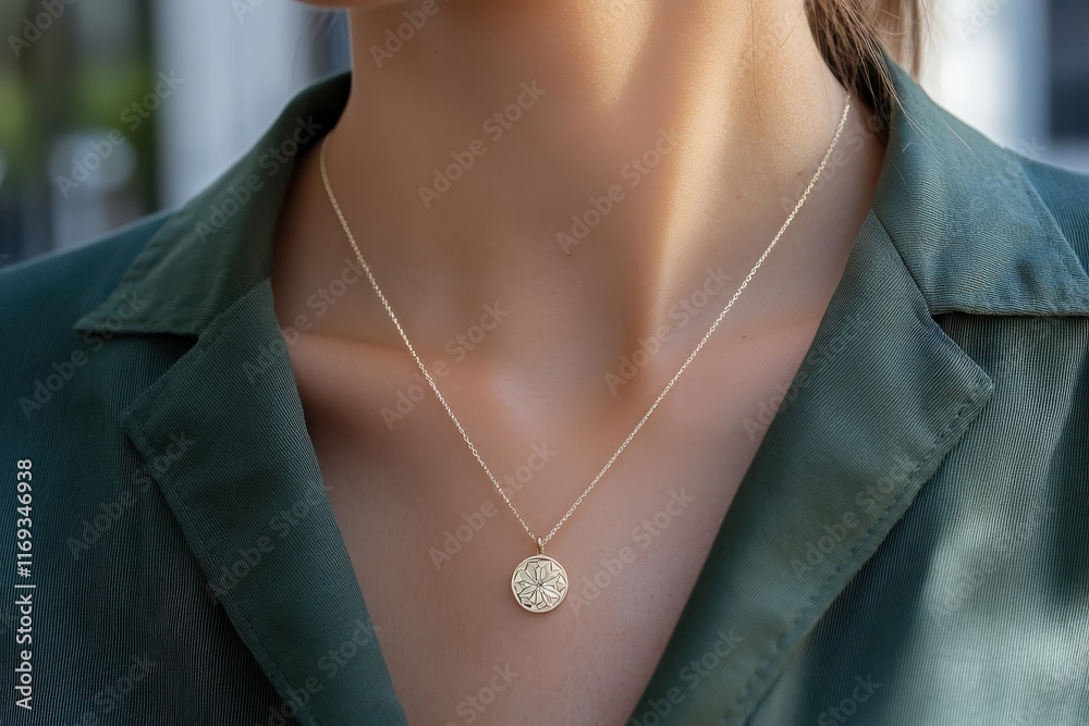 A sleek gold necklace enhances a stylish green blouse, embodying minimalist charm and effortless fashion, perfect for adding a touch of elegance to any outfit.