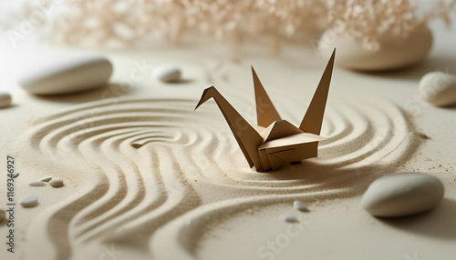 a paper crane is sitting on a table photo