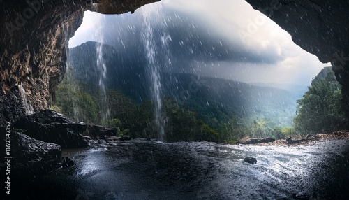 heavy rain in a mountain cave