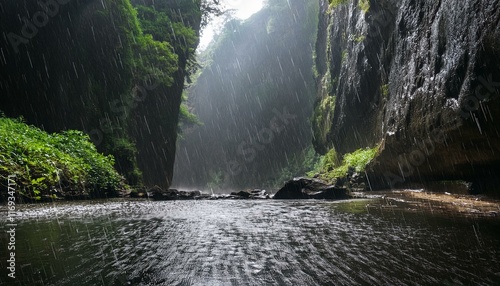 heavy rain in a cave in the forest