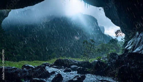 heavy rain in a mountain cave
