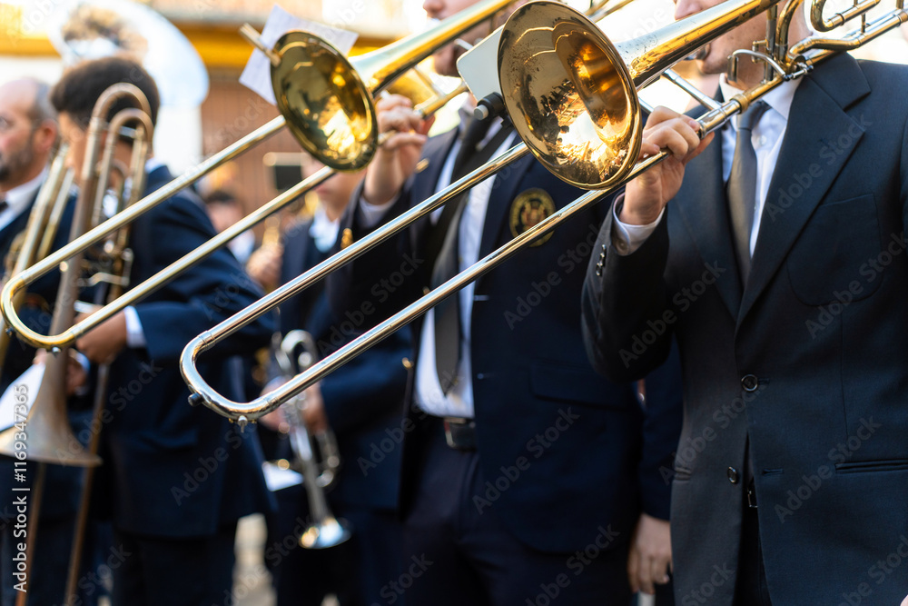 Fototapeta premium Band musicians with their instruments on the street. Typical music bands in Spain.
