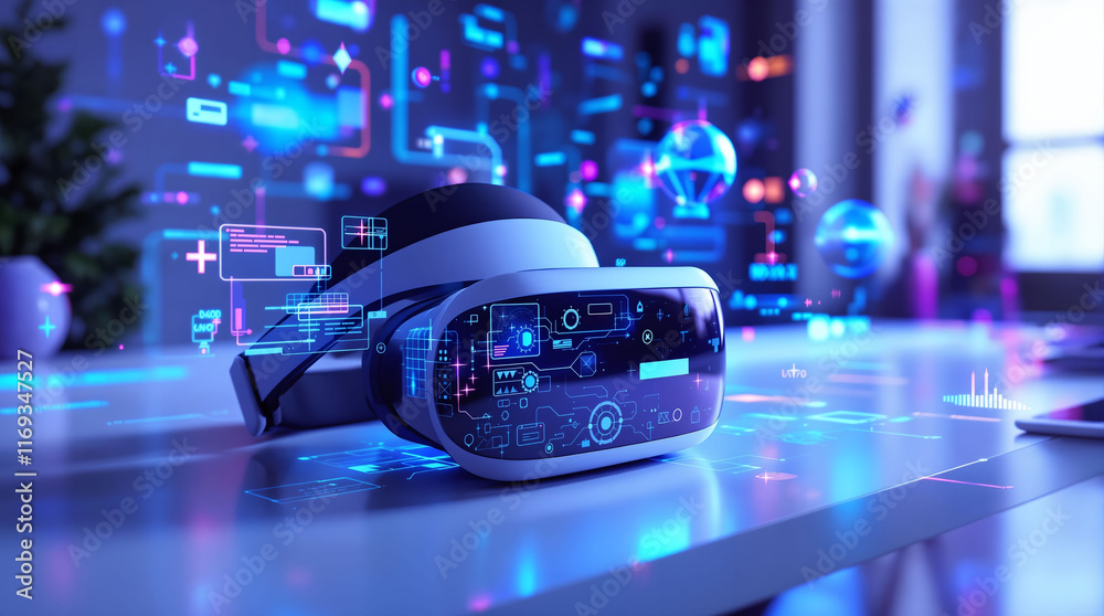 virtual reality headset placed on a table with various digital elements and lights in the background, creating a futuristic and immersive scene. virtual reality headset placed on a table with various digital elements and lights in the background, creating a futuristic and immersive scene.
