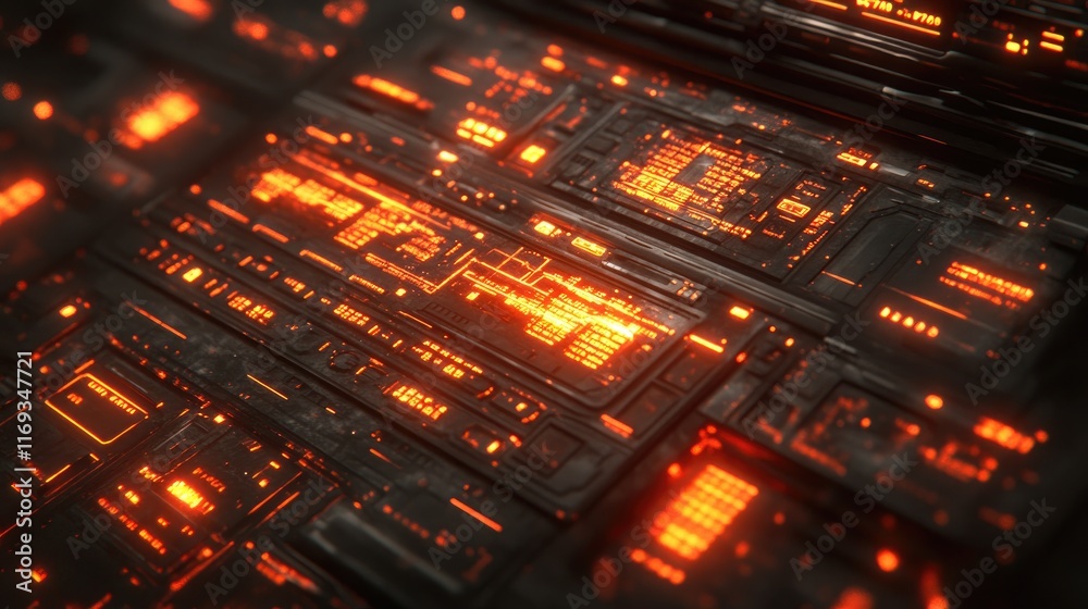 Dark metallic surface with glowing orange circuitry and data displays. Ideal for technology backgrounds or futuristic UI elements. Dark metallic surface with glowing orange circuitry and data displays. Ideal for technology backgrounds or futuristic UI elements.