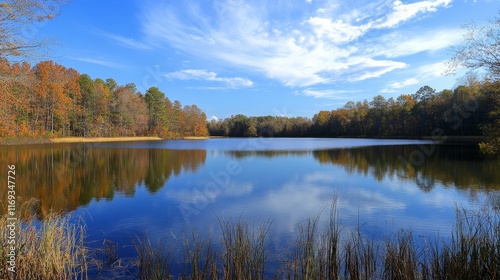 Autumn foliage reflected in calm lake water.