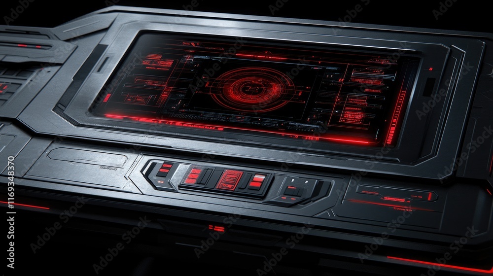 Fototapeta premium Futuristic control panel with red glowing display and buttons. Ideal for sci-fi interfaces or game assets.