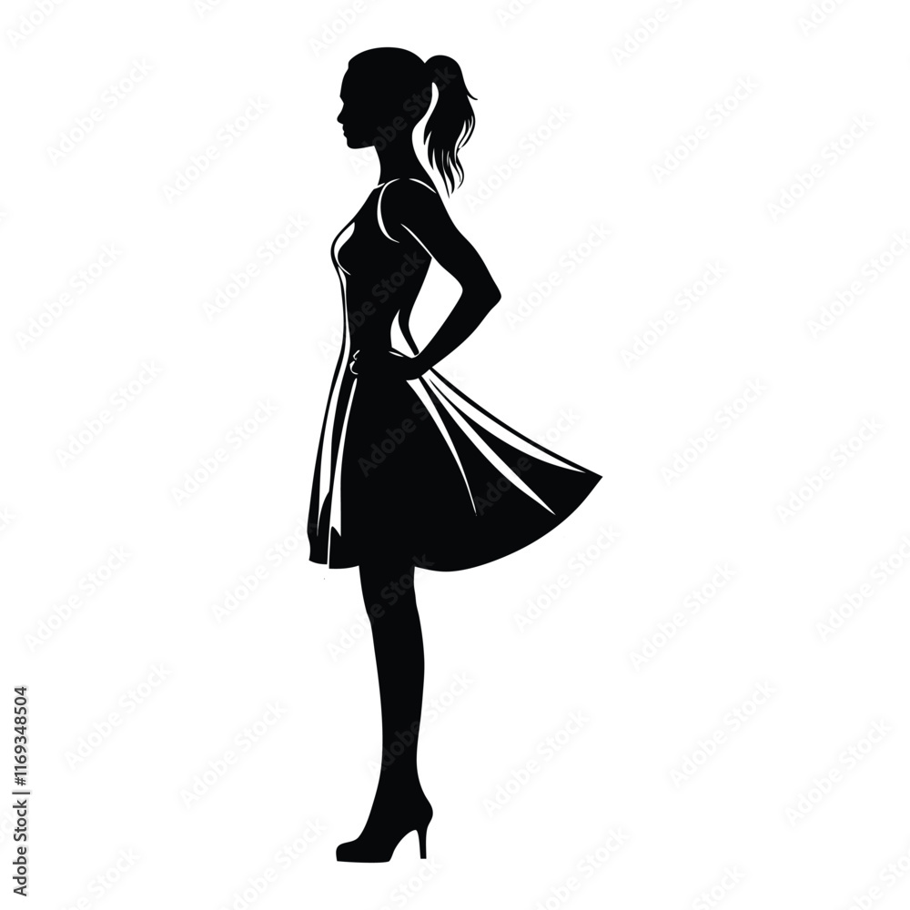 An artistic silhouette of a confident woman standing tall in a flowing dress and high heels, her tied-back hair adding elegance, set against a smooth An artistic silhouette of a confident woman standing tall in a flowing dress and high heels, her tied-back hair adding elegance, set against a smooth