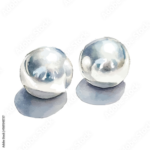 A watercolor vector painting of minimalist silver and pearl stud earrings, isolated on a white background. Minimalist silver and pearl stud earrings vector.

