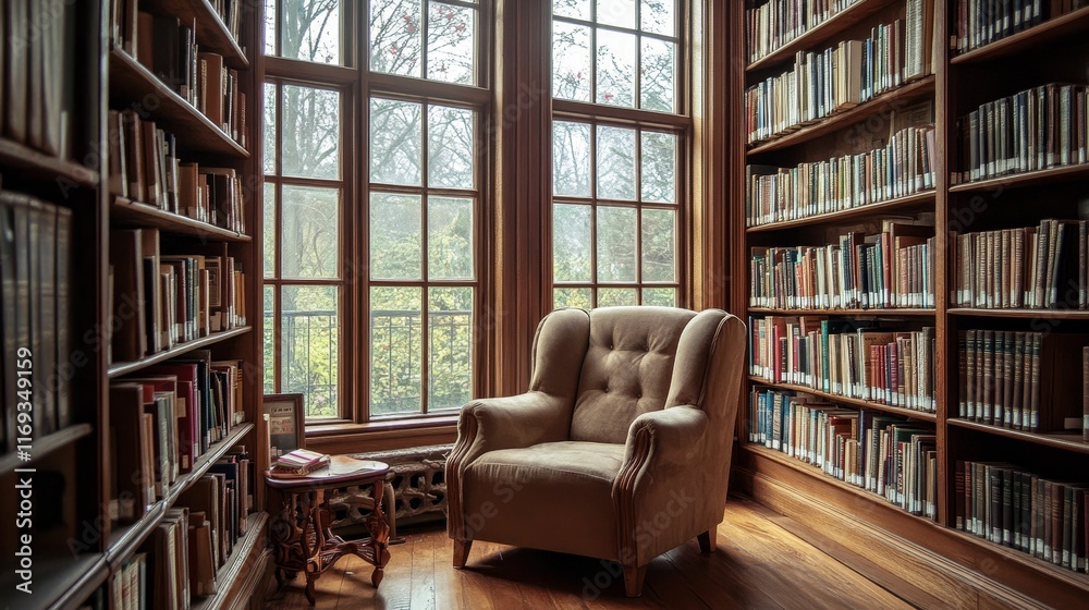 Cozy armchair, bookshelves, window, wood floor, quiet reading nook. Cozy armchair, bookshelves, window, wood floor, quiet reading nook.