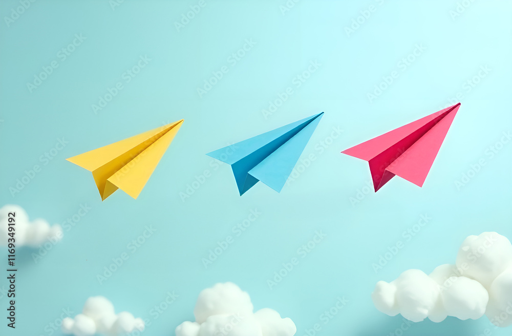 Three vibrant and colorful paper airplanes are soaring gracefully in a neat row against the beautiful sky above them