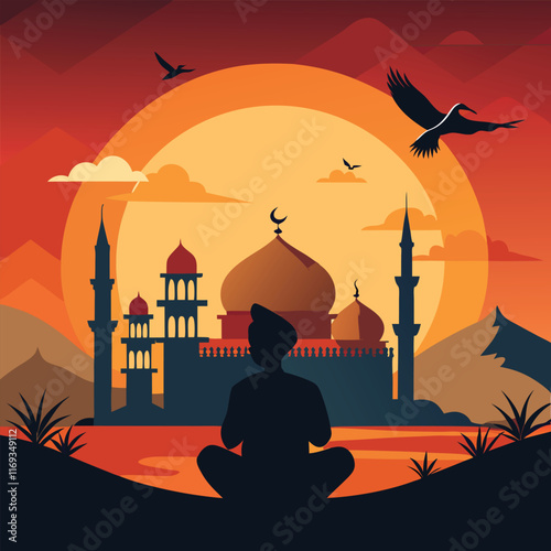 Silhouette of Muslim man praying at sunset in front of a mosque.