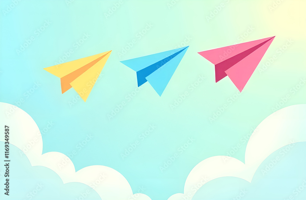 Three vibrant and colorful paper airplanes are soaring gracefully in a neat row against the beautiful sky above them