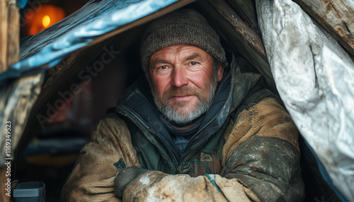 elderly man or homeless person in makeshift shelter photo