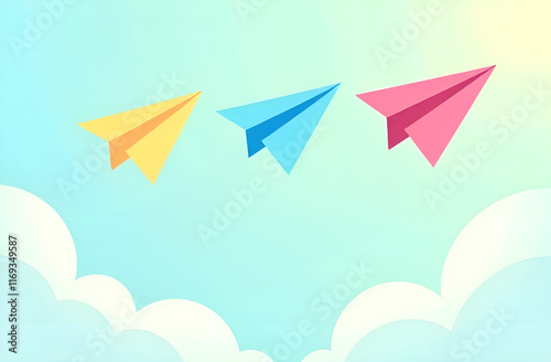 Obraz na płótnie Three vibrant and colorful paper airplanes are soaring gracefully in a neat row against the beautiful sky above them w salonie