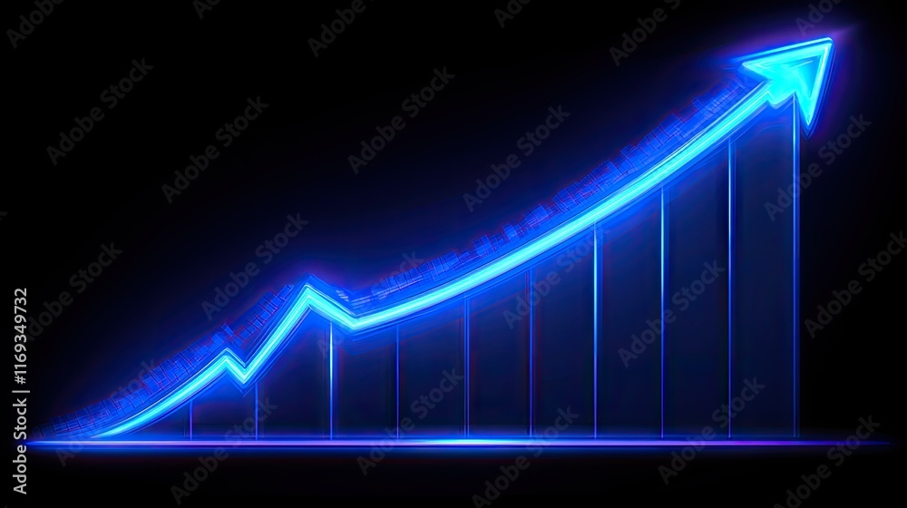 A vibrant neon blue arrow and bar graph symbolize growth and upward trend. Ideal for presentations, financial reports, or marketing materials emphasizing positive performance. A vibrant neon blue arrow and bar graph symbolize growth and upward trend. Ideal for presentations, financial reports, or marketing materials emphasizing positive performance.