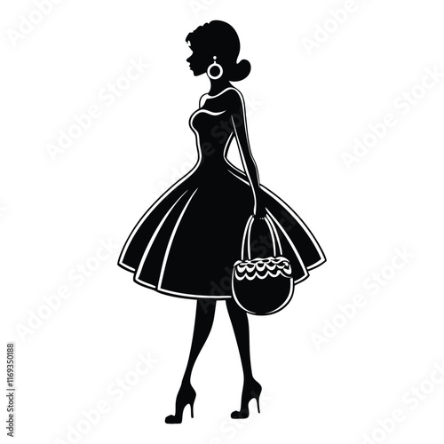 A dark silhouette of a fashionable woman dressed in a flared dress, accessorized with earrings and a small purse