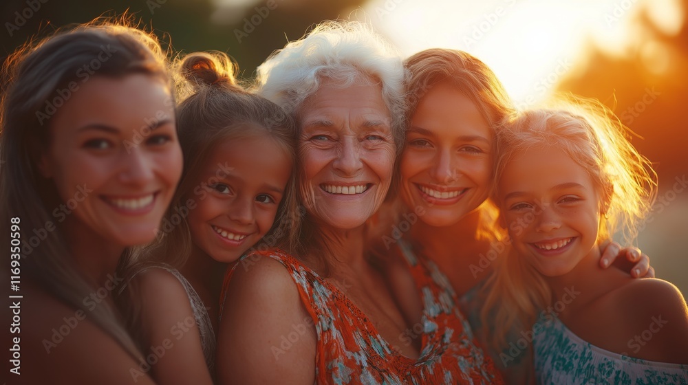 A warm family scene featuring multiple generations of women embracing each other, highlighting love and respect on International Women's Day A warm family scene featuring multiple generations of women embracing each other, highlighting love and respect on International Women's Day