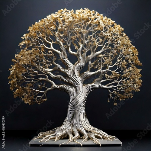 a silver/titanium and gold tree, black background