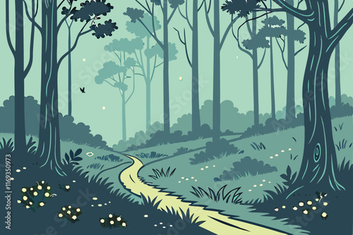 An enchanting forest at twilight, with scattered glowing lights resembling fireflies, winding paths leading to unseen destinations, and a sense of mystery and infinite possibilities