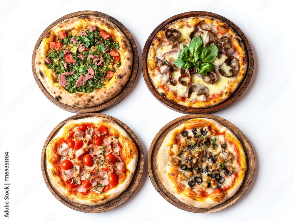 Four Delicious Pizzas on Wooden Plates Featuring Fresh Ingredients and Flavorful Toppings Perfect for Gastronomic Delight and Culinary Inspiration Four Delicious Pizzas on Wooden Plates Featuring Fresh Ingredients and Flavorful Toppings Perfect for Gastronomic Delight and Culinary Inspiration
